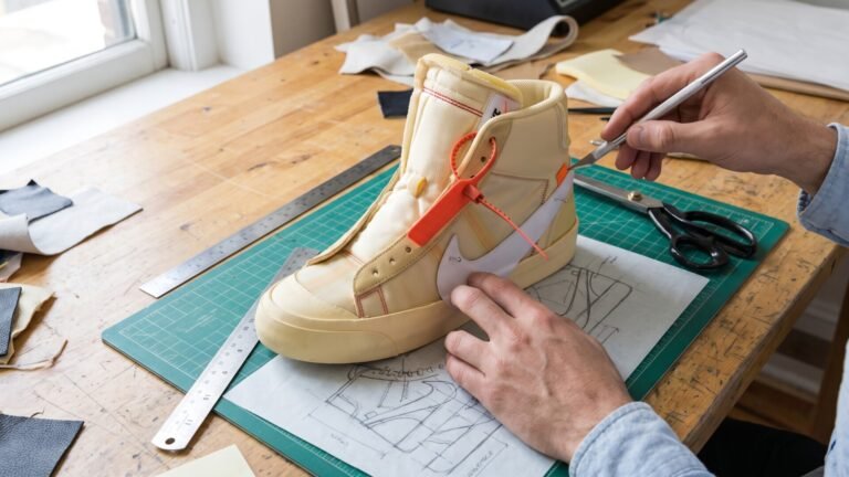 Hands crafting a deconstructed Nike high-top sneaker prototype using a craft knife over design sketches on a workbench