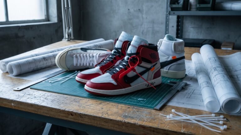 Off-White x Nike Air Jordan 1 and Blazer sneakers displayed on a drafting table with blueprints and tools
