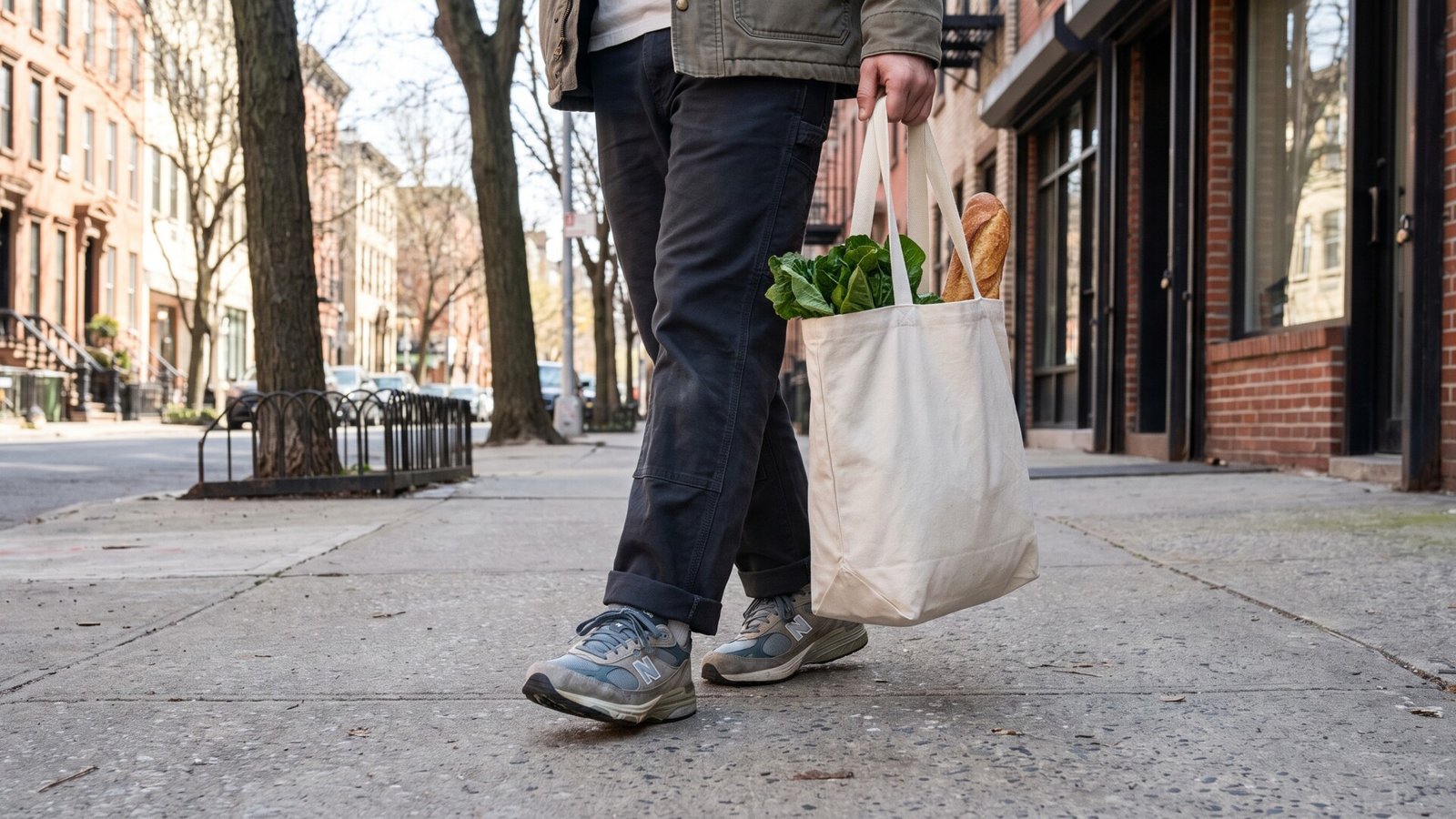 Person in sneakers walking down an urban sidewalk carrying a canvas tote bag filled with fresh groceries