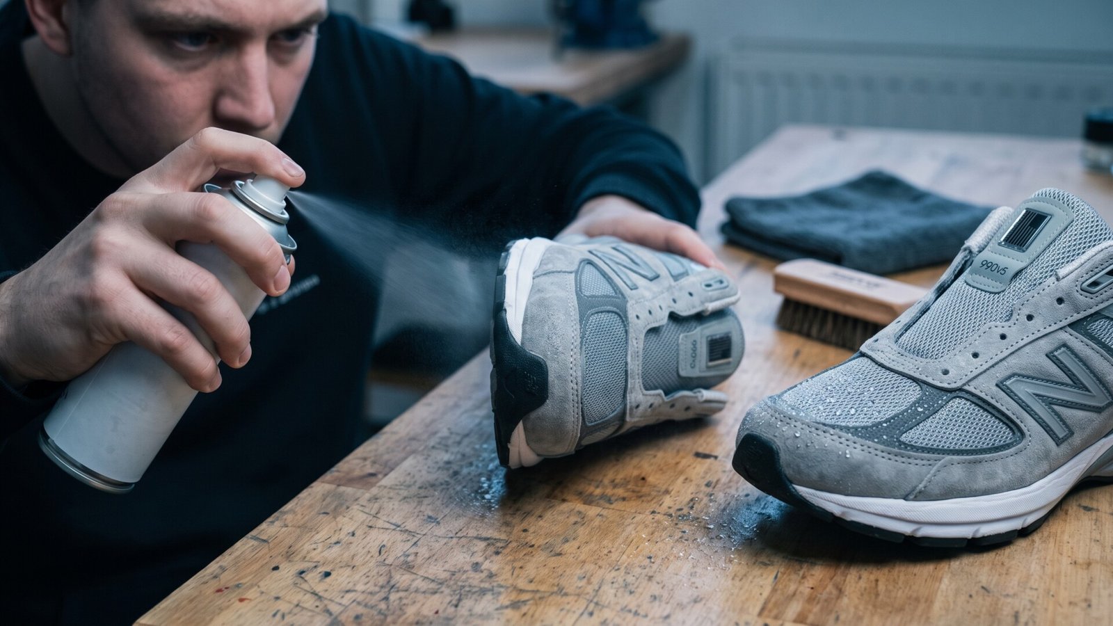Man spraying protective waterproofing mist onto grey suede New Balance 990v5 sneakers on a wooden table