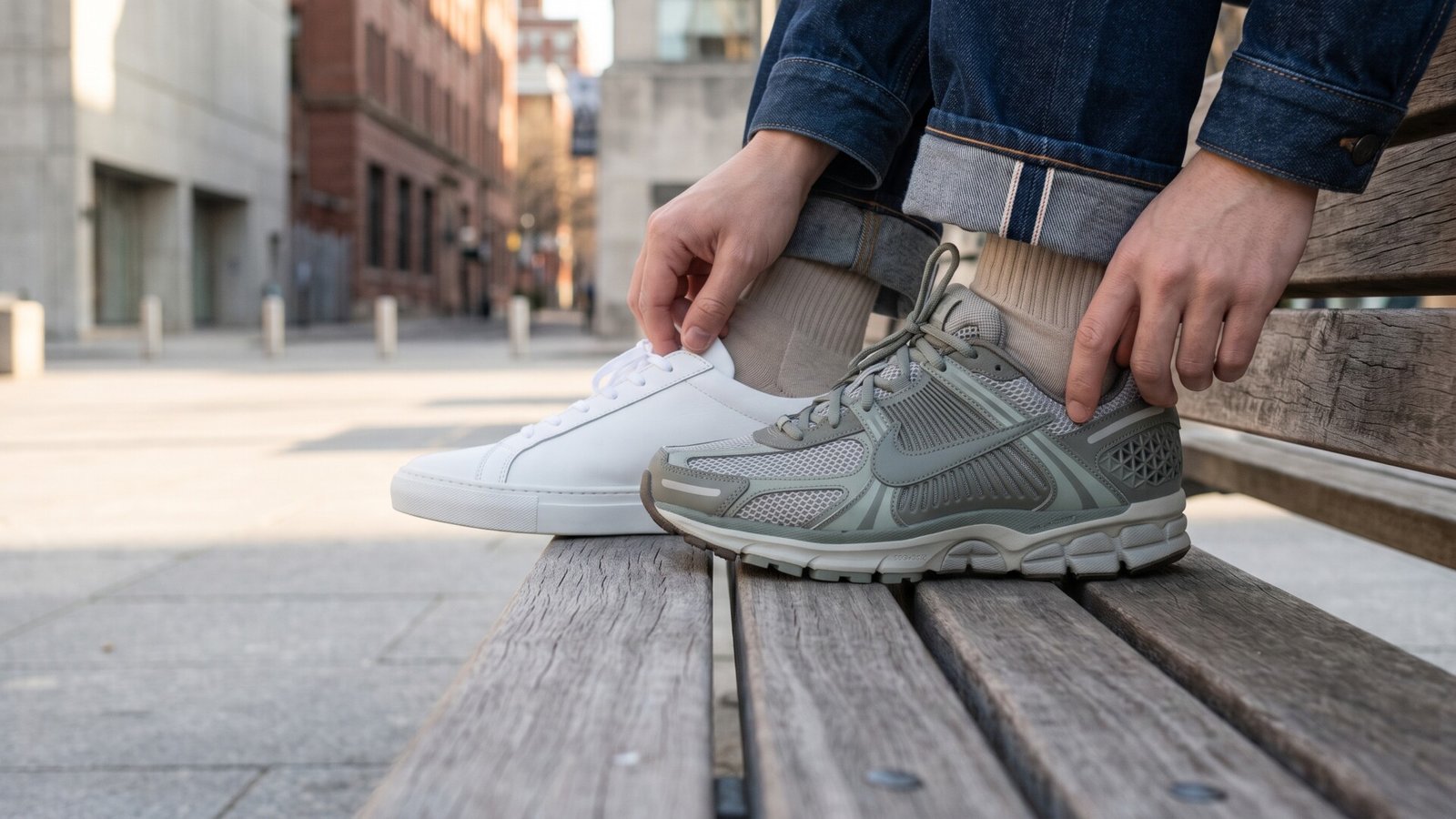 Person wearing a minimalist white leather court sneaker on one foot and an intricate technical runner on the other