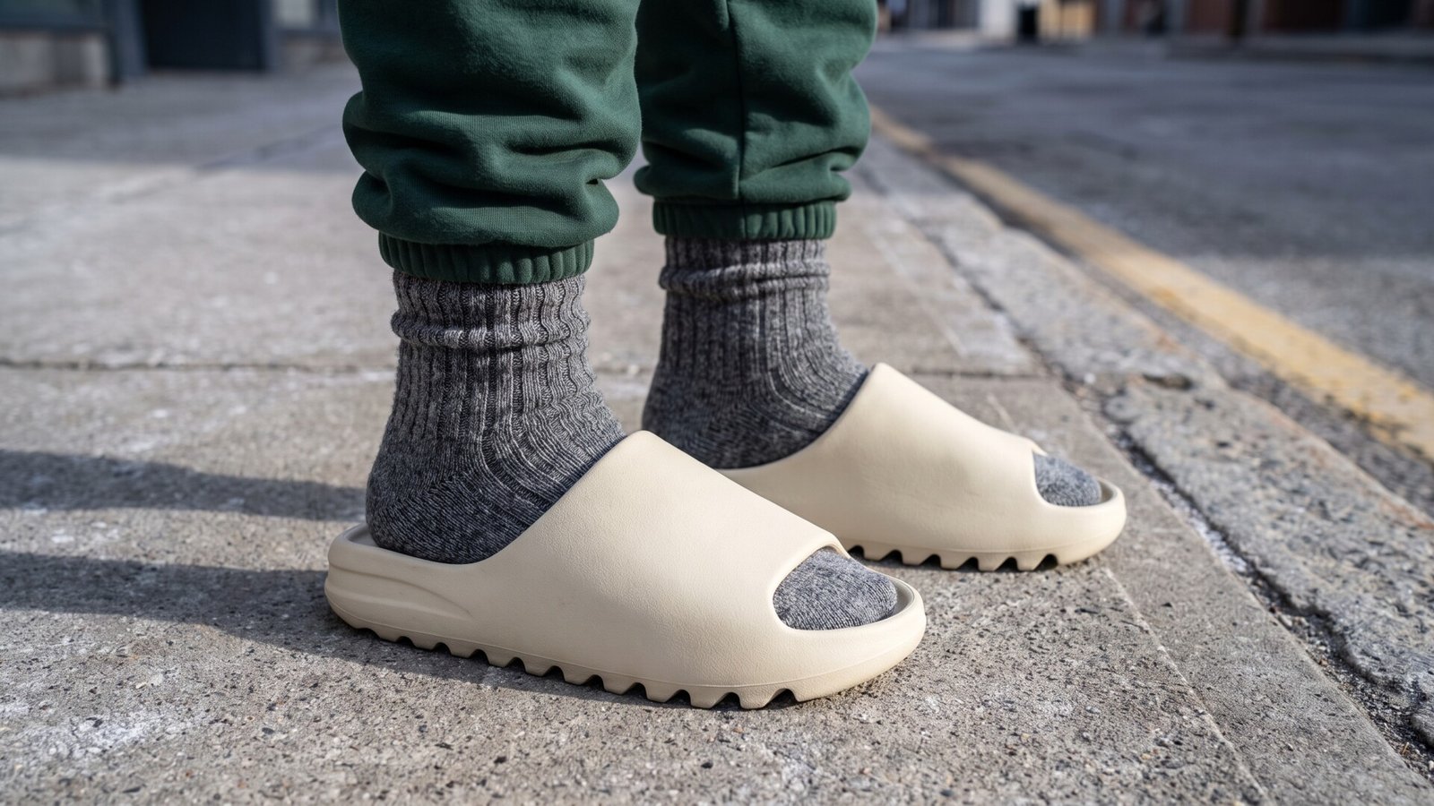 Person wearing bone Yeezy Slides paired with thick grey ribbed socks and green sweatpants on a concrete sidewalk