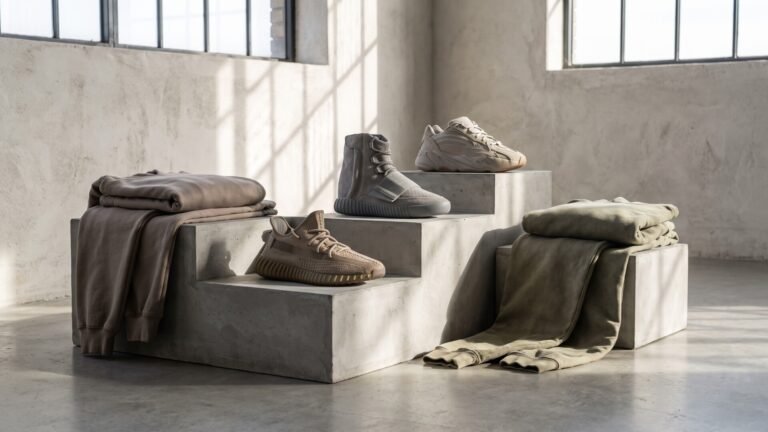 Neutral-toned Yeezy sneakers and folded streetwear displayed on concrete pedestals in a sunlit architectural studio