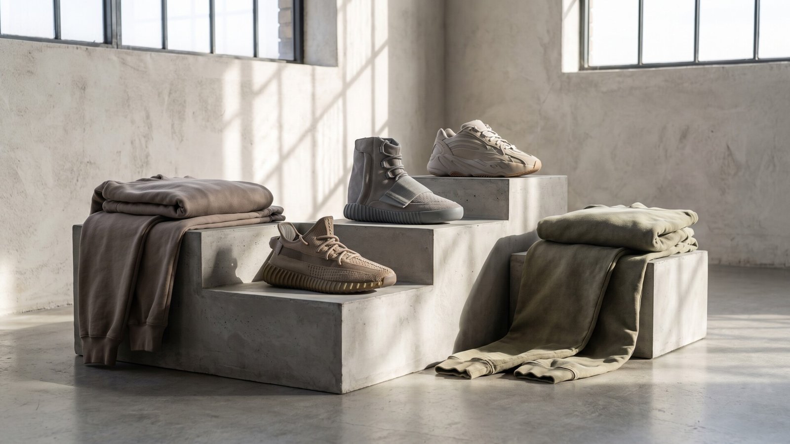 Neutral-toned Yeezy sneakers and folded streetwear displayed on concrete pedestals in a sunlit architectural studio