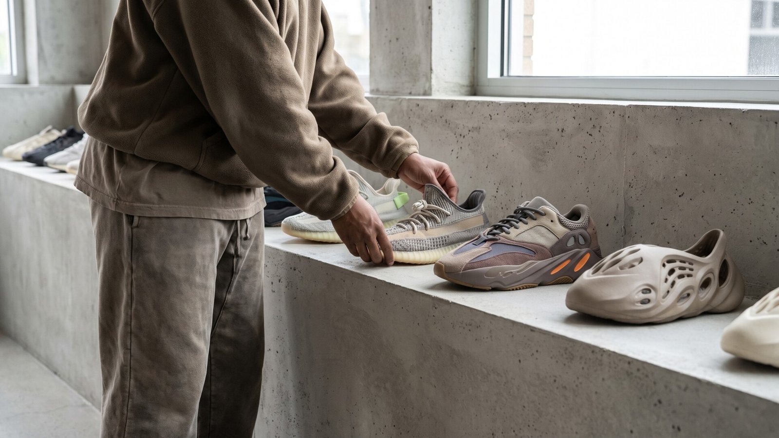 Person arranging Yeezy 350, 700, and Foam Runner sneakers on a raw concrete ledge in a minimalist room