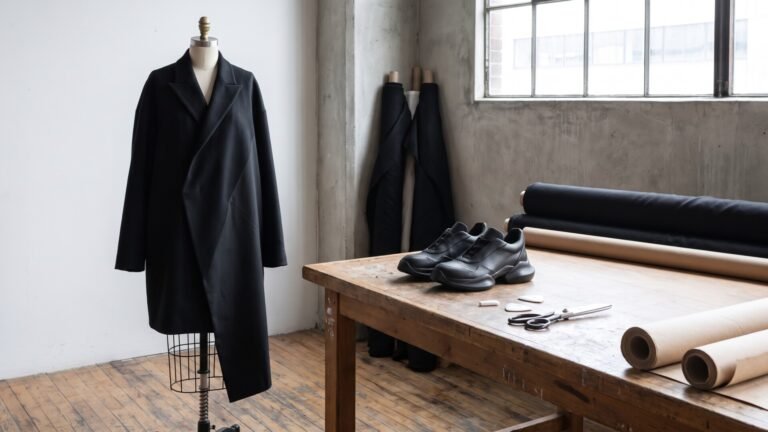 Asymmetrical black coat on a dress form beside avant-garde sneakers on a wooden atelier cutting table