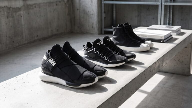 Black and white Yohji Yamamoto and Y-3 sneakers lined up on a concrete bench in an industrial studio