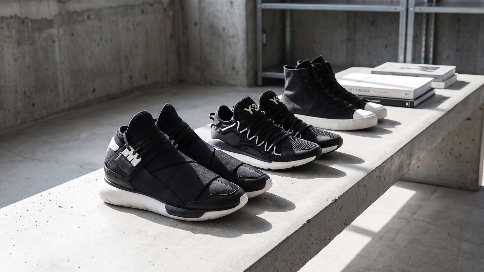 Black and white Yohji Yamamoto and Y-3 sneakers lined up on a concrete bench in an industrial studio